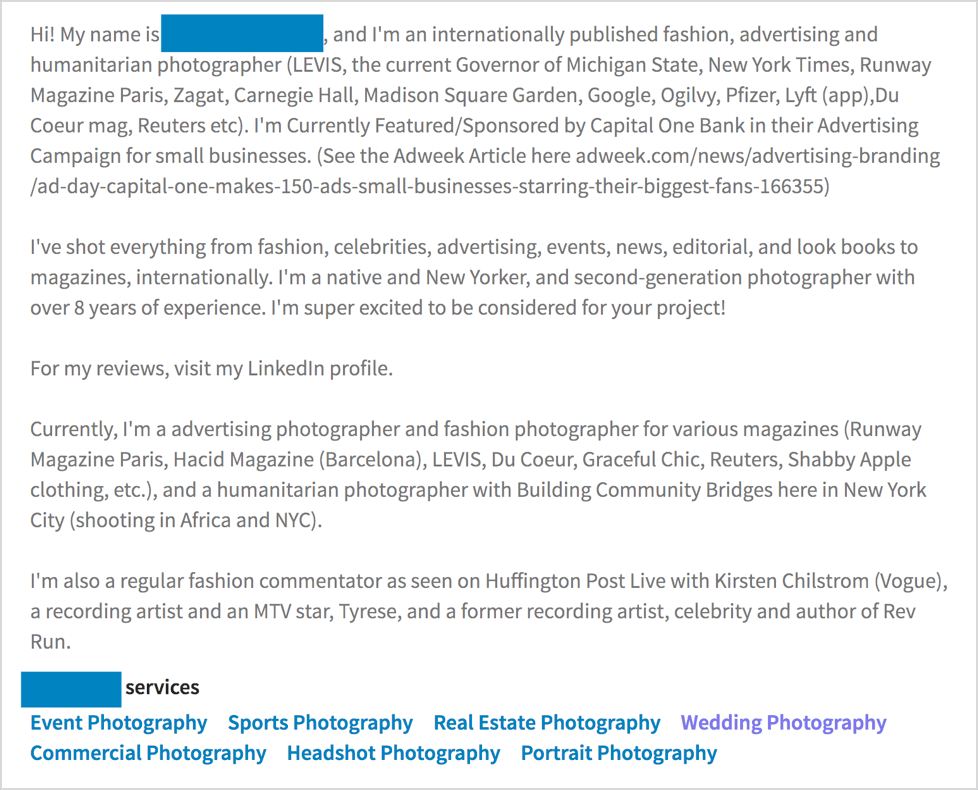 LinkedIn for photographers. Writing a profile summary