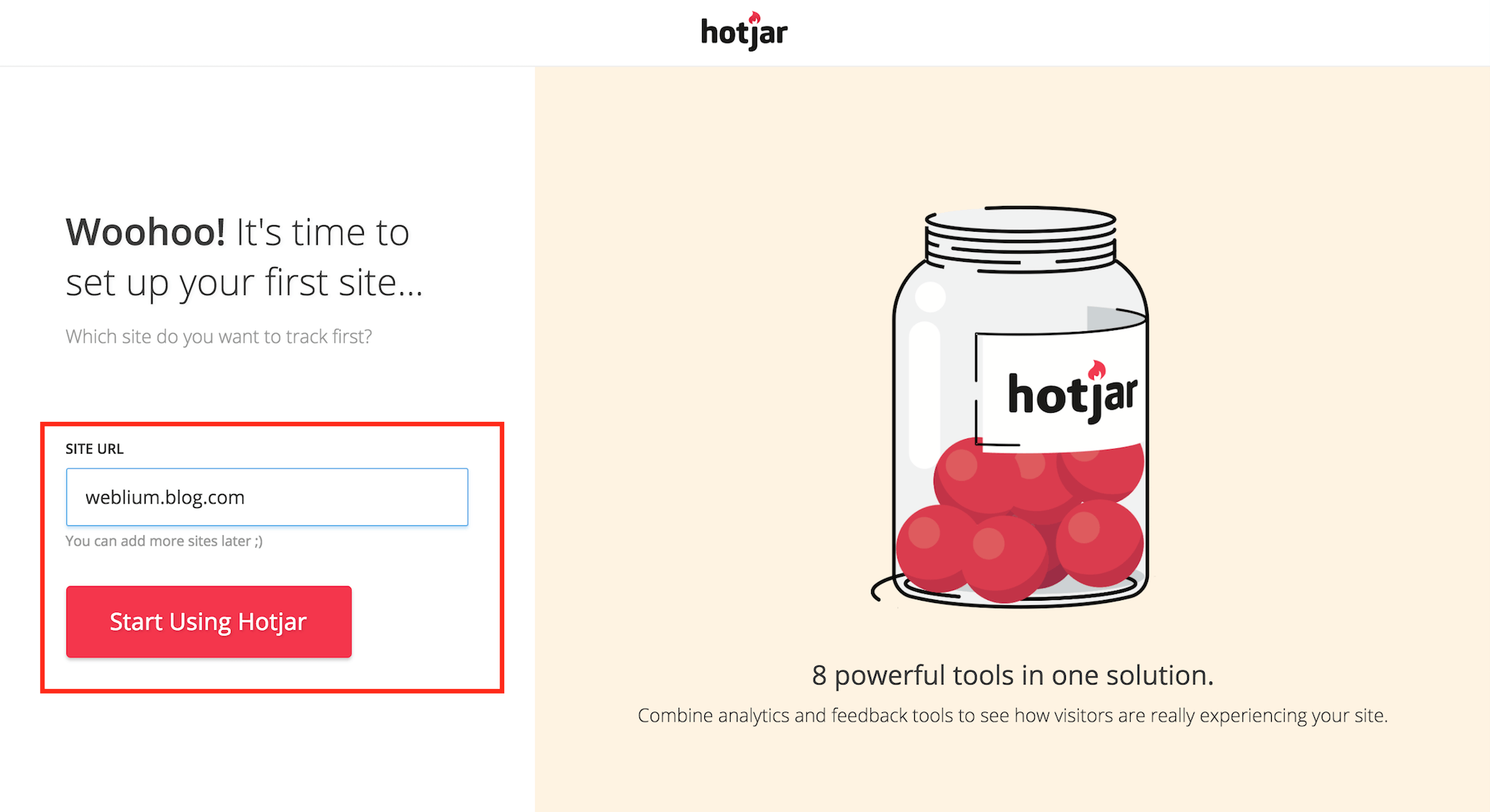  Add site URL and click Start Using Hotjar