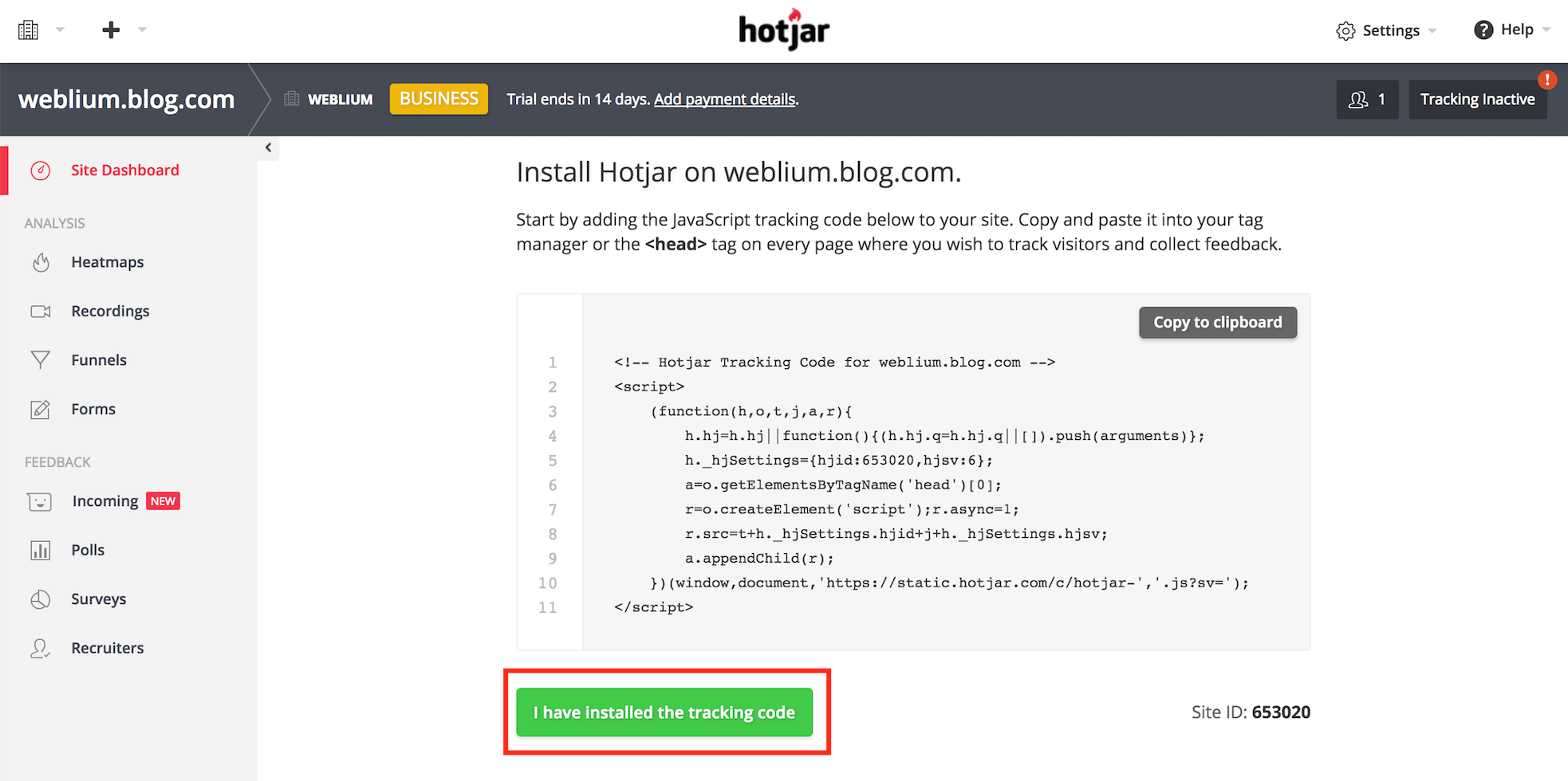 Install Hotjar tracking code to your website on Weblium