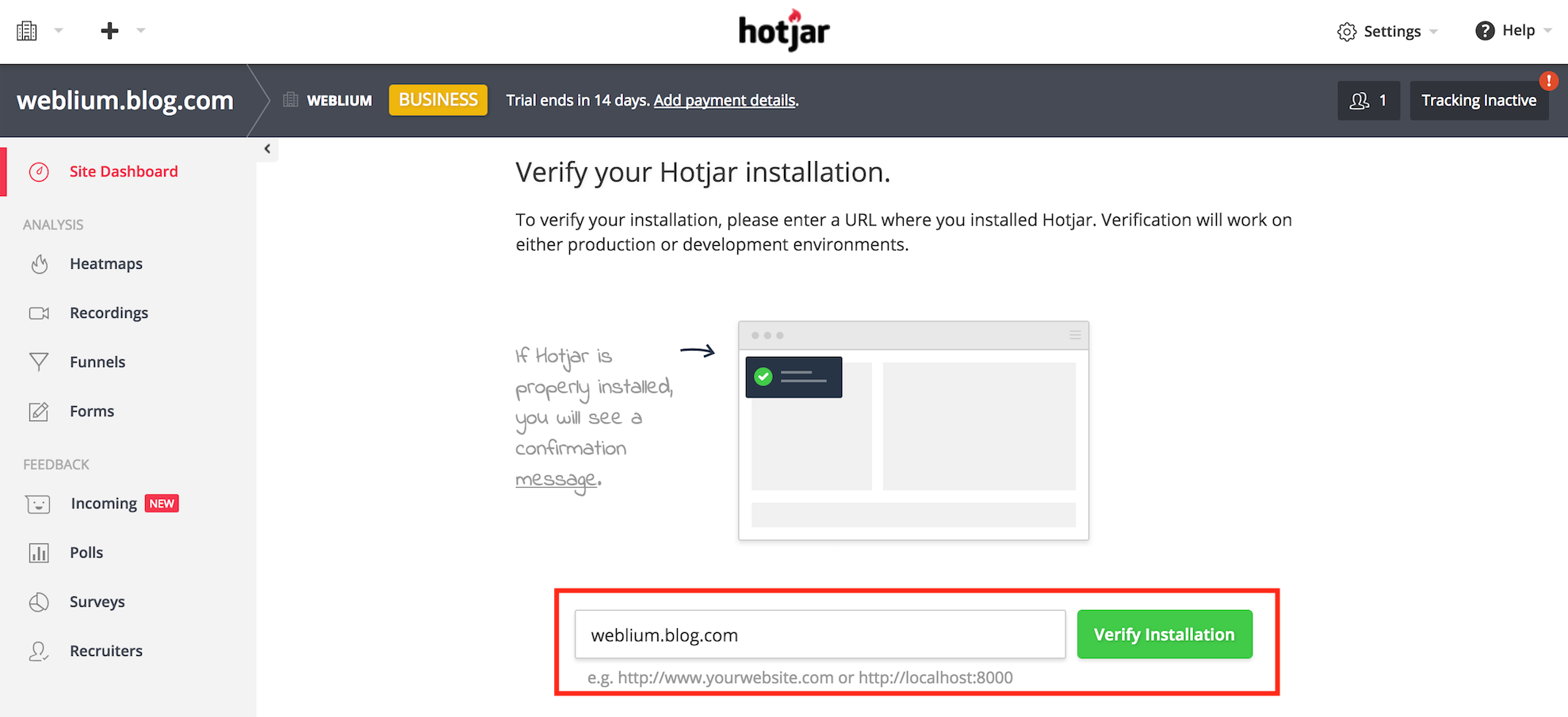 Verify Hotjar code installation on Weblium