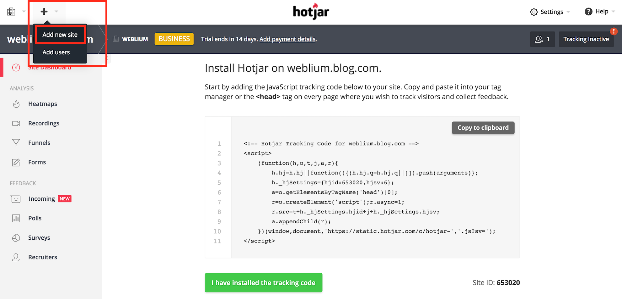 Add new site on Hotjar