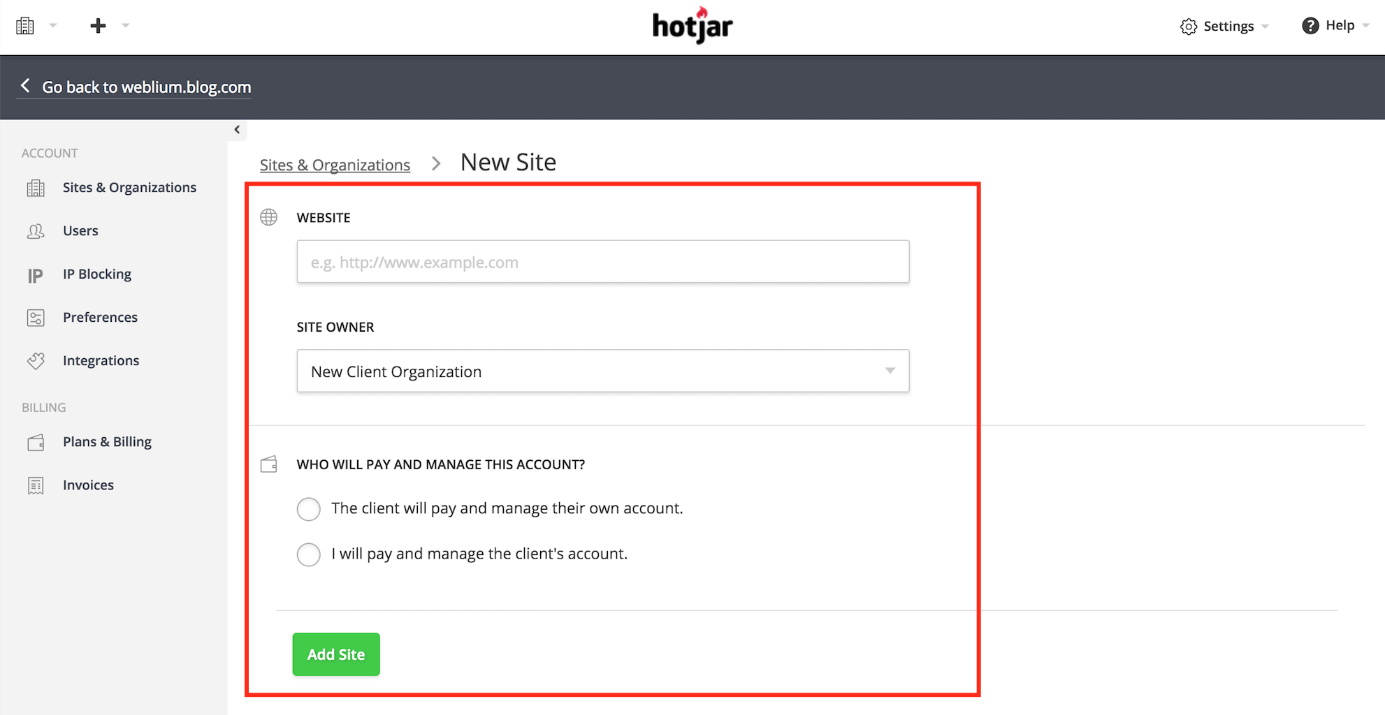 Fill in the required fields and click Add Site on Hotjar