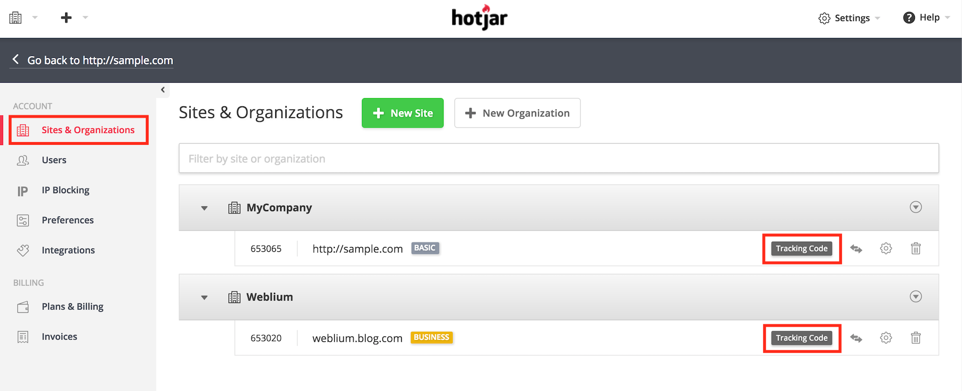 Sites and organizations on Hotjar