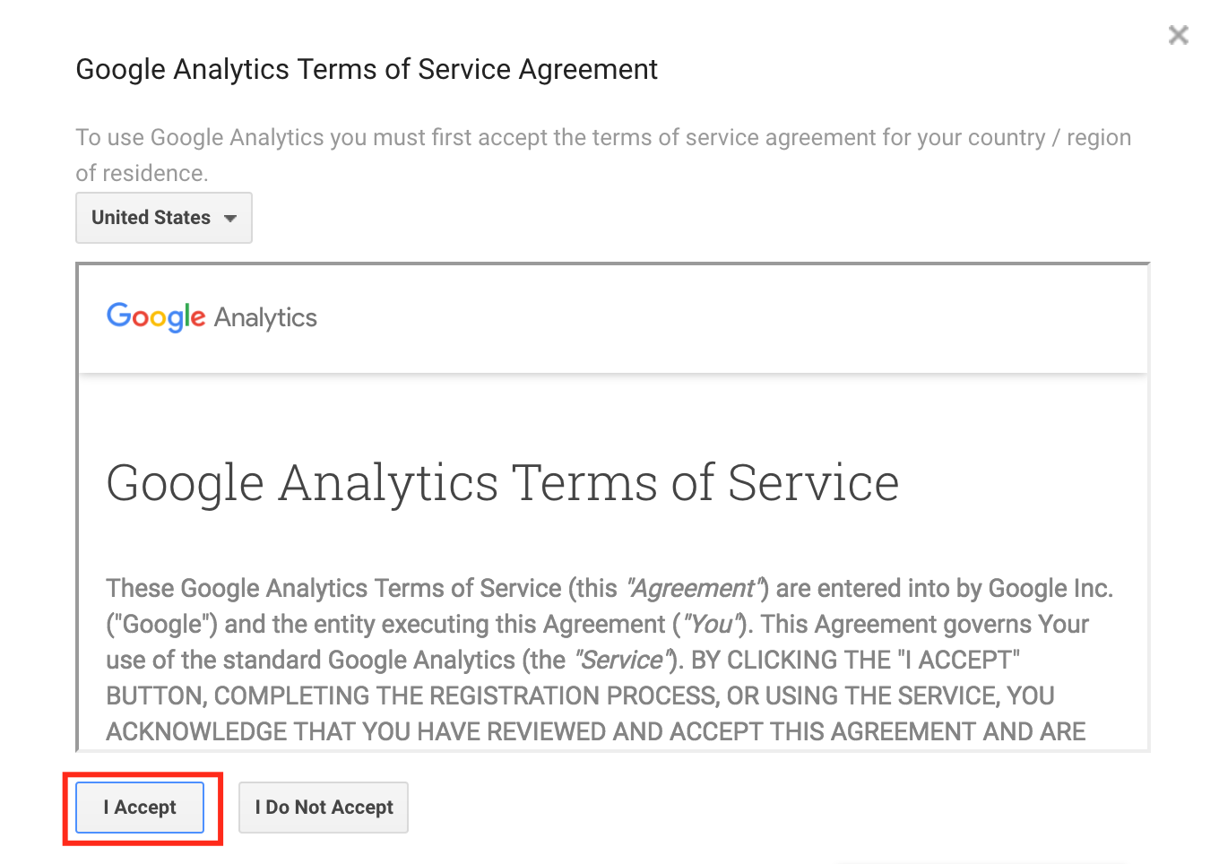 Accept terms of service on Google Analytics