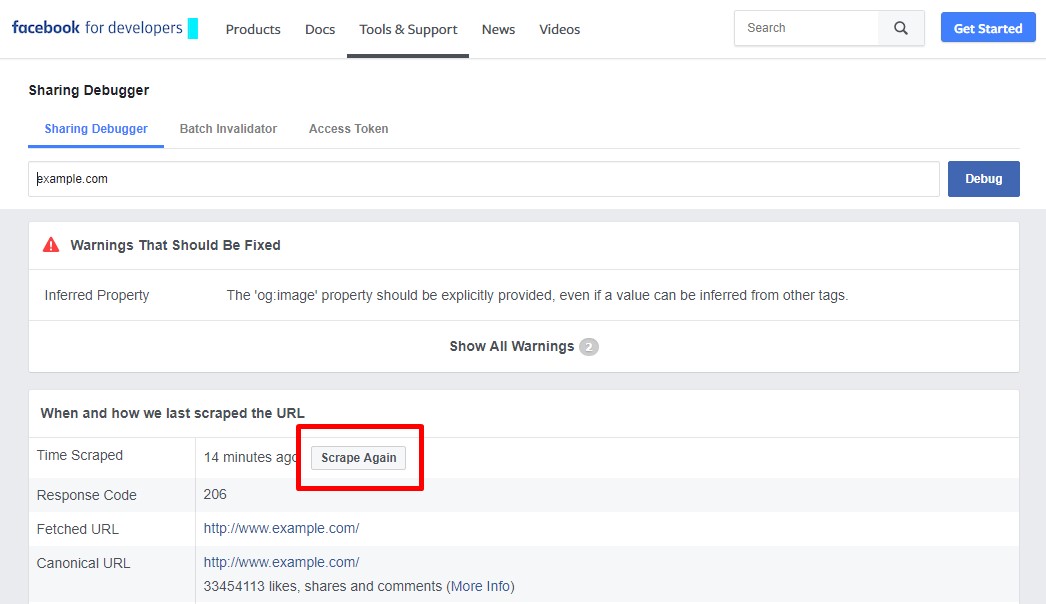 Update Facebook Link Preview. Ask Facebook to Scrape the URL Again