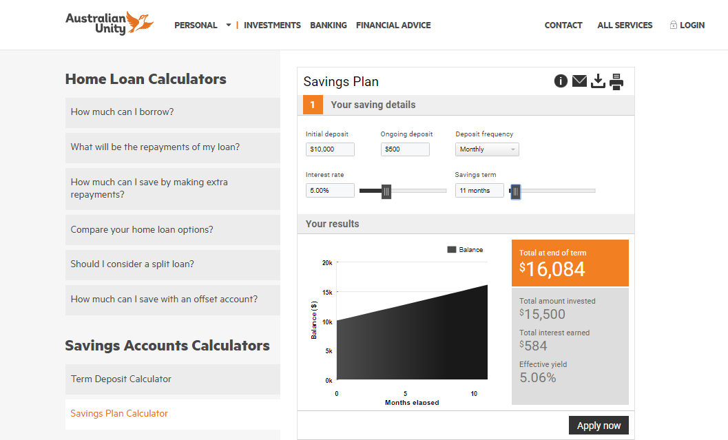 Saving calculator on financial advisor website