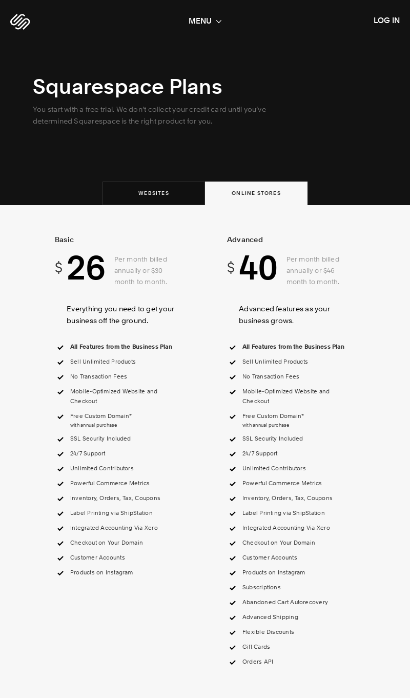 squarespace website pricing