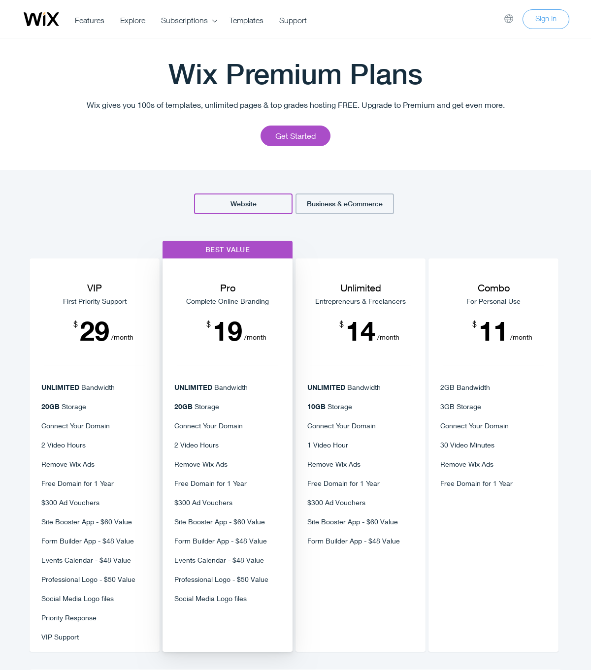 wix pricing 