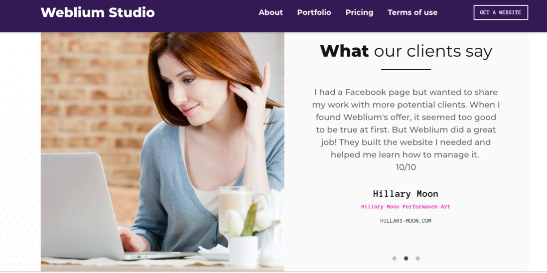 weblium studio testimonials page examples