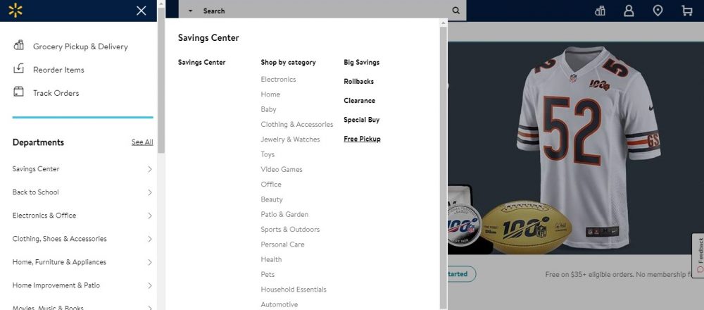 Walmart mega drop down menu