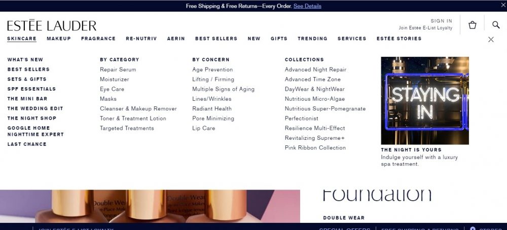 Estee Lauder mega menu