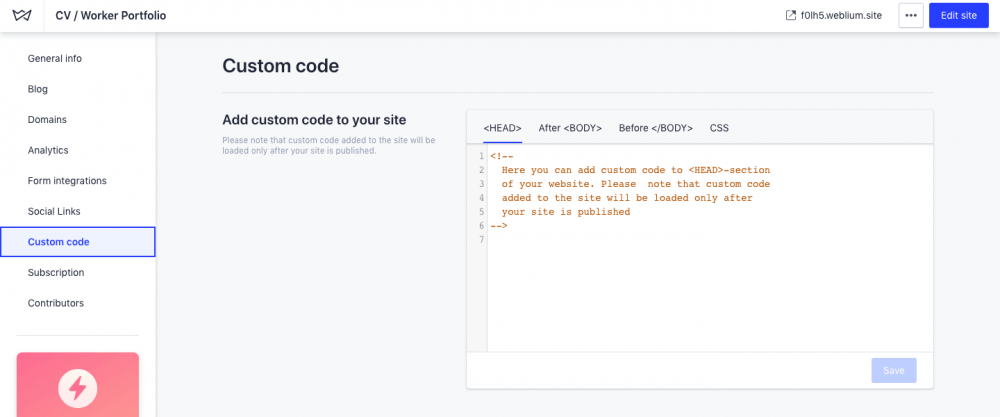 Add custom code - weblium