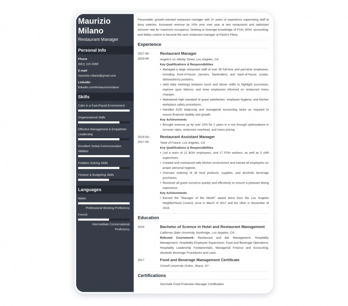 Fine Dining Restaurant Manager Resume Sample