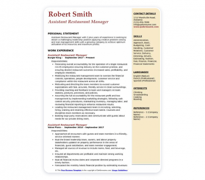 Assistant Restaurant Manager Resume Example