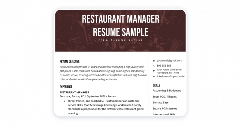 Restaurant Manager Resume Sample