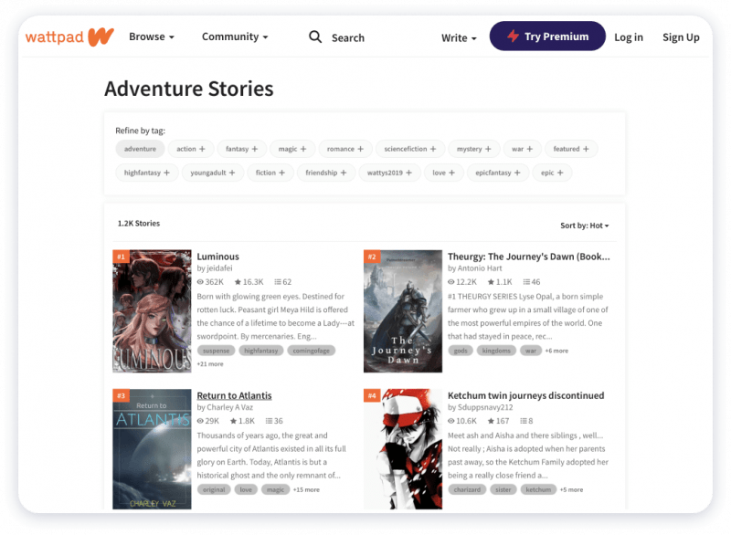 Wattpad platform for writing