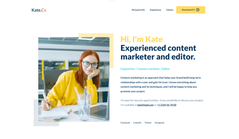 resume website template Weblium